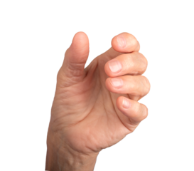 Hand holding gesture. Senior woman s wrinkled hand with fingers curved and palm open, positioned as if gripping or presenting an invisible object. Side view showcasing an empty grasp and body language