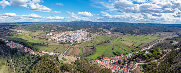 Aerial panorama from the castle and medieval town Aljezur in Portugal