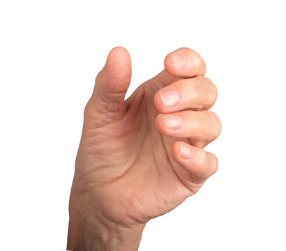 Hand holding gesture. Senior woman s wrinkled hand with fingers curved and palm open, positioned as if gripping or presenting an invisible object. Side view showcasing an empty grasp and body language