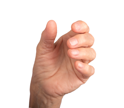 Hand holding gesture. Senior woman s wrinkled hand with fingers curved and palm open, positioned as if gripping or presenting an invisible object. Side view showcasing an empty grasp and body language