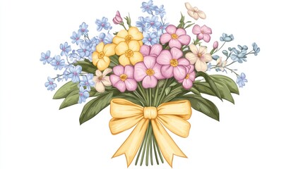 Floral bouquet, tied with ribbon, isolated on white background