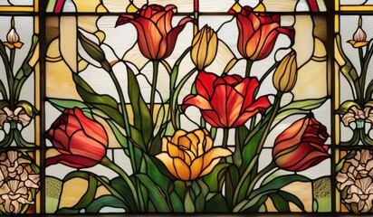 A vibrant stained glass window depicting a stunning arrangement of lilies, roses, and tulips in a