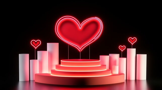 Valentineâ€™s Day-inspired 3D podium setup with pink, red, and white cylinders and a glowing neon heart backdrop, ideal for product showcases