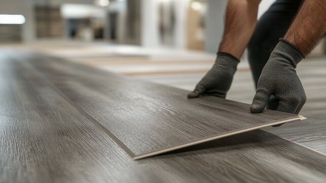 Installing gray laminate flooring with precision and care in indoor setting.
