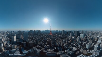 Obraz premium Panoramic cityscape with bright sun over tower.