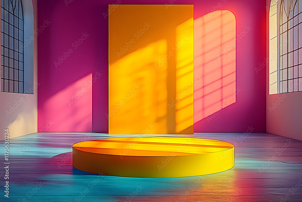 Poster a 3d rendering of an empty room with a yellow pedestal display against a vivid background, providing