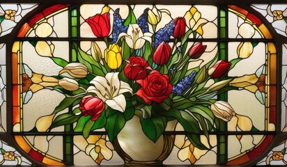 A vibrant stained glass window depicting a stunning arrangement of lilies, roses, and tulips in a