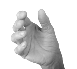 Hand holding gesture. Senior woman s wrinkled hand with fingers slightly curled and palm open, as if gripping or presenting an invisible object like a bottle. Side view showcasing a precise grasp and