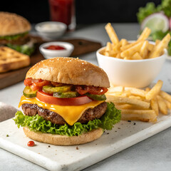 Delicious Cheeseburger with Fries on a Slate Plate