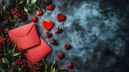 Valentineâ€™s Day flat lay with a red envelope, red hearts, and a soft blue background, creating a romantic and festive scene