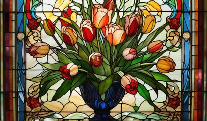 A vibrant stained glass window depicting a stunning arrangement of lilies, roses, and tulips in a