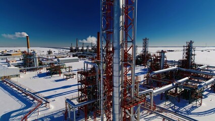 Fototapeta premium Smoke rising from industrial chimneys at snow covered oil refinery, revealing petroleum processing amid frigid arctic landscape, smoke escaping industrial chimneys over snow blanketed oil refinery