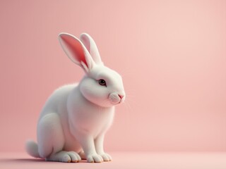 Adorable white rabbit posing on pink background