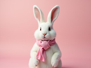 Obraz premium Adorable white bunny wearing pink scarf on pink background
