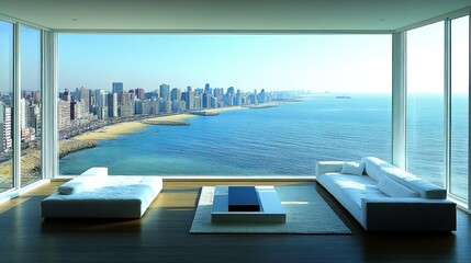 Fototapeta premium Oceanfront Penthouse Living Room with Stunning City Views