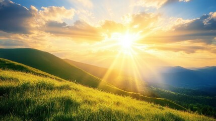 A serene landscape at sunrise with rays of light illuminating rolling hills and grass.