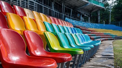 Fototapeta premium Vibrant Stadium Seats: A Colorful Row of Plastic Chairs
