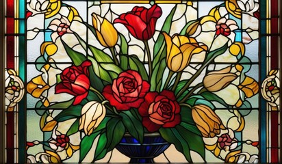 A vibrant stained glass window depicting a stunning arrangement of lilies, roses, and tulips in a