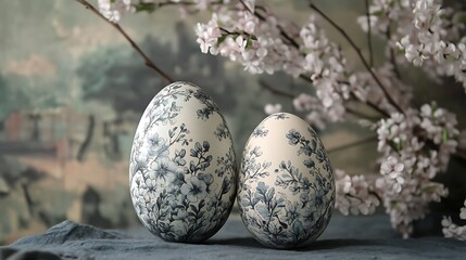 Artistic Easter eggs with beautifully detailed floral patterns on a serene backdrop