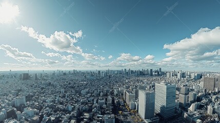 Panoramic view of a sprawling city under a bright sunny sky with fluffy clouds.