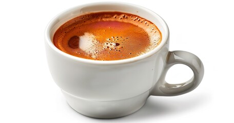 Naklejka premium A white porcelain coffee cup filled with freshly brewed coffee is shown in close-up on a white background, Generative AI.