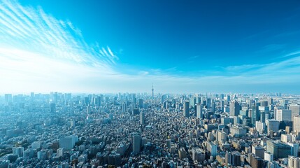 Panoramic view of a sprawling metropolis under a vibrant blue sky with wispy clouds.