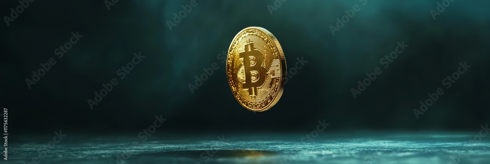 Aufkleber rotating golden bitcoin hovering over a dark surface with atmospheric smoke and light effects creati