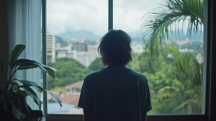 Single person gazing thoughtfully through a window, reflecting on solitude and introspection, capturing the essence of personal contemplation and inner peace.