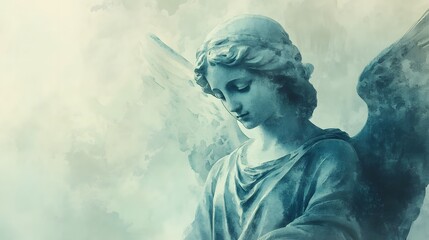 Obraz premium Serene Angel Statue with Wings in Watercolor Style