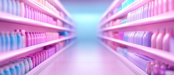 A digital grocery store aisle filled with colorful bottles and products