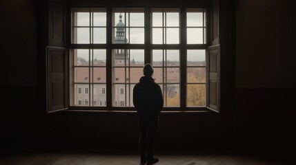 Single person gazing thoughtfully through a window, reflecting on solitude and introspection, capturing the essence of personal contemplation and inner peace.