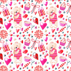 Valentines day seamless pattern. Watercolor hand drawn holiday wallpaper with love, cute bear, lollipop, candy, heart, cupcake, garland, gift box. Painted illustration