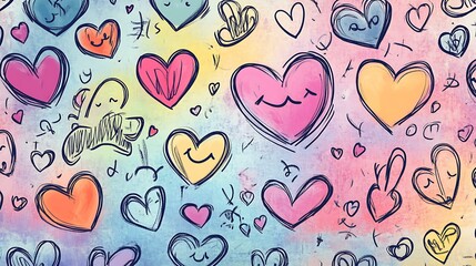 Softly colored doodles of love, including hearts and romantic symbols, scattered across a pastel background for a whimsical touch