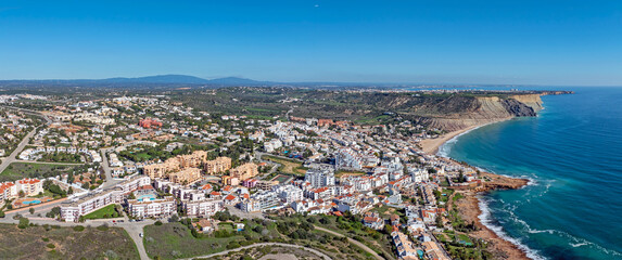 Aerial panorama from the historical village Luz in the Algarve Portugal