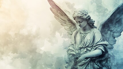 Obraz premium Serene Angel Statue with Large Wings in Watercolor Style