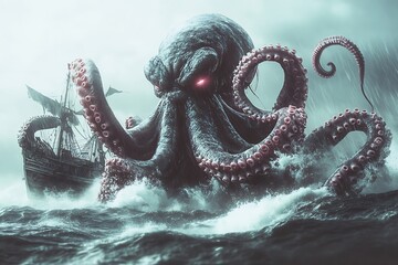 Kraken, scary giant squid octopus with dark eyes, sea giant, ocean, boat killer, mythical ocean creature. Photo realistic, concept art, cinematic light