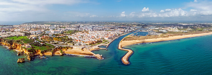 Aerial panorama from the the city  Lagos in the Algarve Portugal