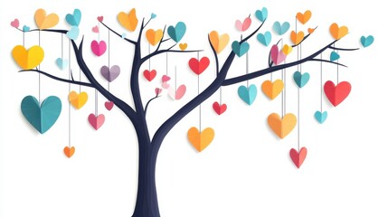 Obraz premium Elegant vector illustration of a tree with delicate paper leaves and colorful heart ornaments hanging from branches, set against a minimalist white backdrop.