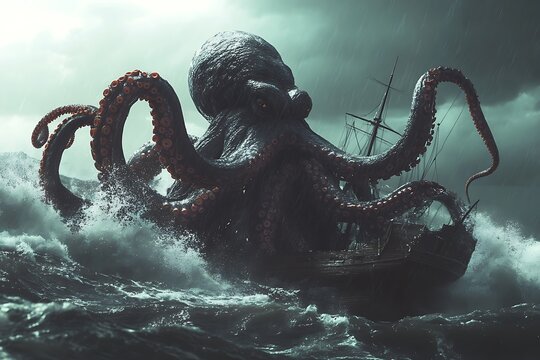 Kraken, scary giant squid octopus with dark eyes, sea giant, ocean, boat killer, mythical ocean creature. Photo realistic, concept art, cinematic light