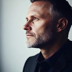 Obraz premium Profile portrait of a middle-aged man with a reserved and serious expression on his face. A sharp chin and slightly furrowed eyebrows. Dark suit, fine stubble. diffused light, white background