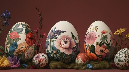 Exquisite floral designs on Easter eggs arranged artistically in a vivid setting
