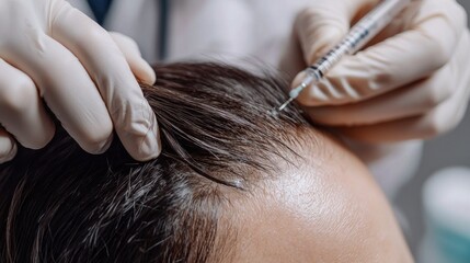 Close-Up of Professional Hair Restoration Procedure with Needle Injection on Scalp for Treating Hair Loss and Boosting Follicle Health in a Clinical Setting