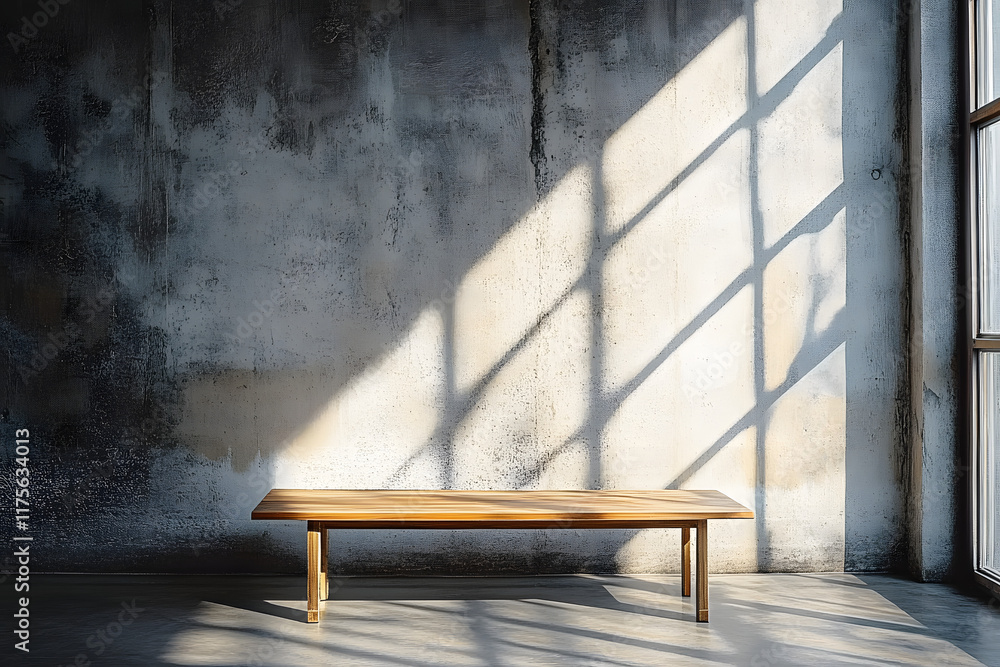 Poster an empty studio scene with concrete walls and a wooden table set against a minimalist backdrop