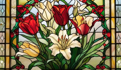 A vibrant stained glass window depicting a stunning arrangement of lilies, roses, and tulips in a