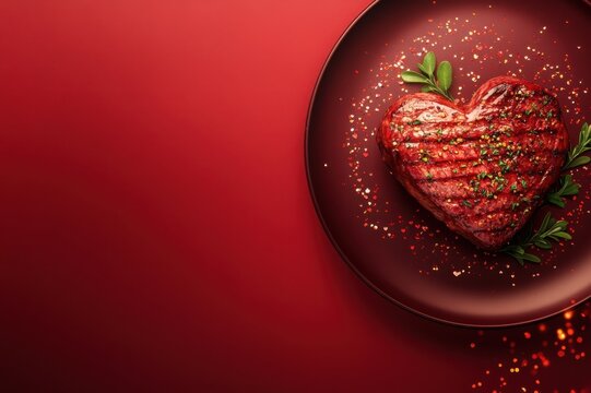 Grilled steak in the shape of a heart on a dark plate with decorative herbs and scattered red confetti, isolated on a vibrant red background with copyspace