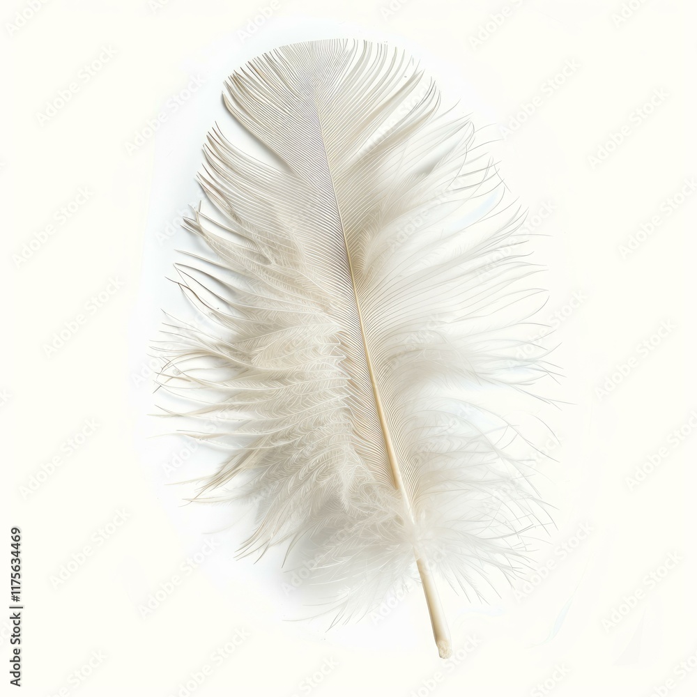 Poster light, delicate white feather resting on a white backdrop, creating a minimalist and serene composit