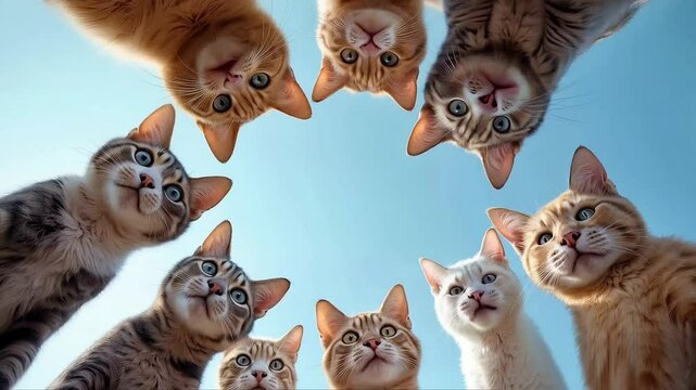 a group of curious cats stand in a circle and look down, seamless looping