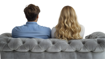 Couple Relaxing on Grey Velvet Sofa Back View Home Comfort