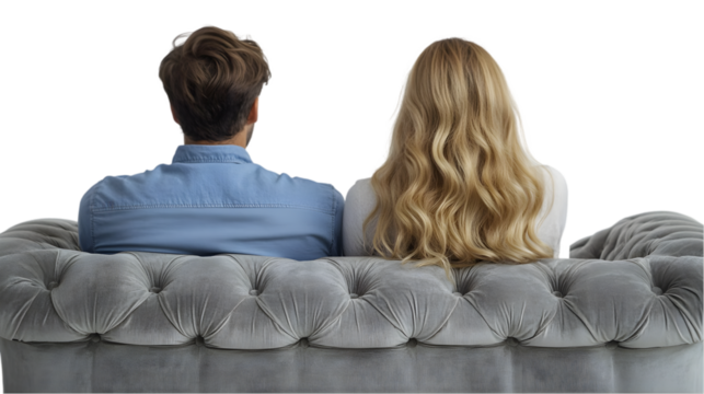 Couple Relaxing on Grey Velvet Sofa  Back View  Home Comfort