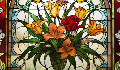 A vibrant stained glass window depicting a stunning arrangement of lilies, roses, and tulips in a